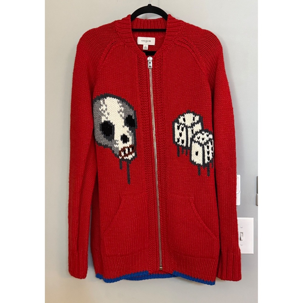 Coach Zip Up Cardigan Mens M Red Skull Dice Wolf Intarsia Knit Sweater 35783U
